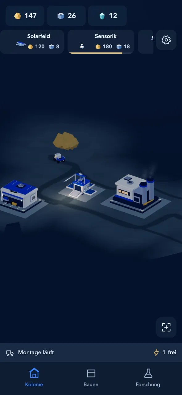 Die Kolonie bei Nacht mit Werkstatt, Montage und Fabrik