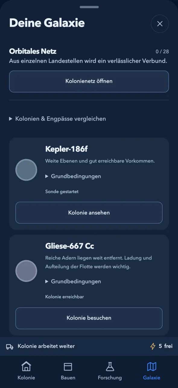 Die Galaxie-Ansicht mit zwei Kolonien und dem orbitalen Netz
