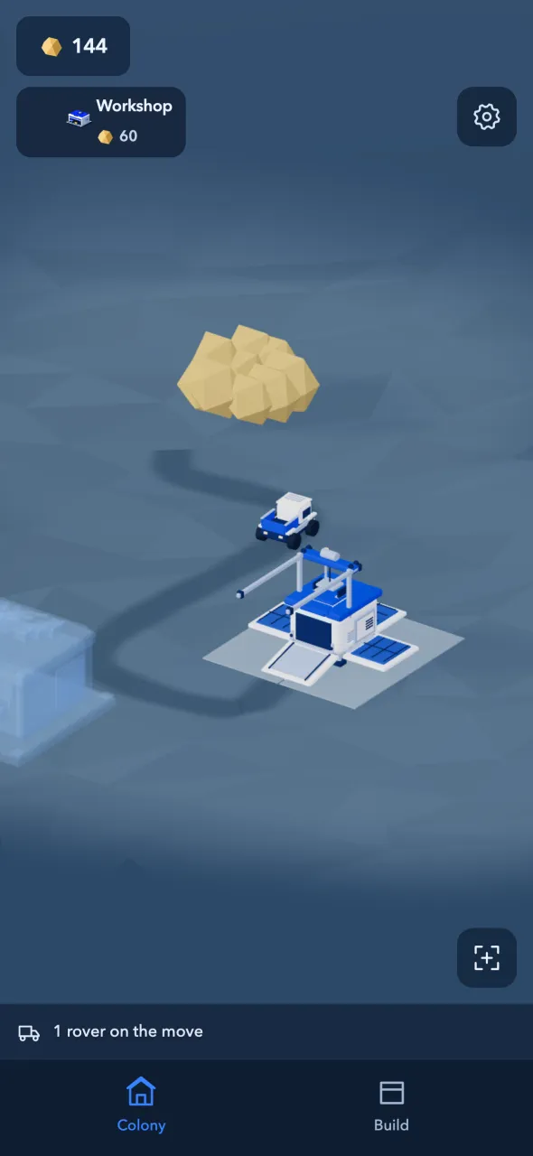 The landing base with a rover bringing ore back from a vein